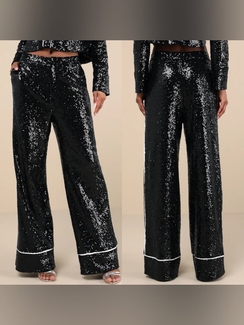 Lulus Sparkly Mood Black Sequin High Rise Wide-Leg Pants XS Party Nighy Out